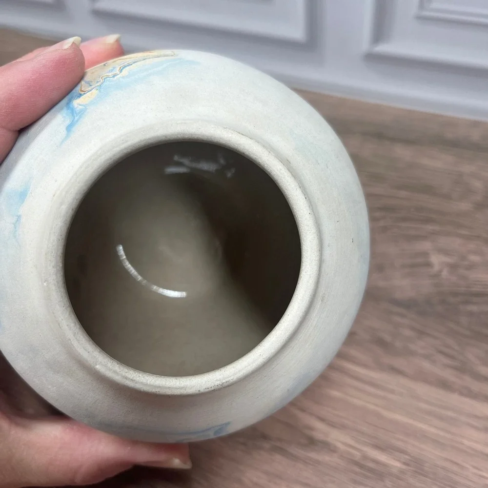 Nemadji Pottery Bud Vase 5 in Cream Blue Orange Marbled Swirl Made in USA